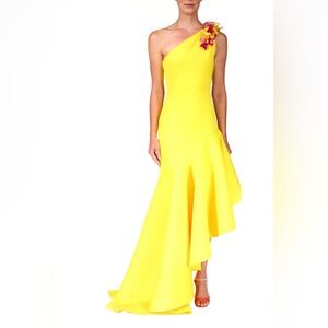 BADGLEY MISCHKA ONE SHOULDER YELLOW EMBELLISHED GOWN